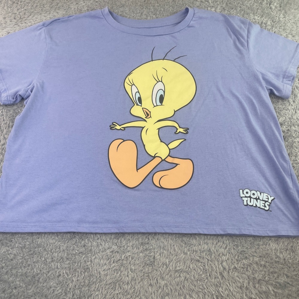 Looney Tunes Graphic T-Shirt Womens XL Purple Tweety Bird Characters Crop Top - Picture 1 of 6